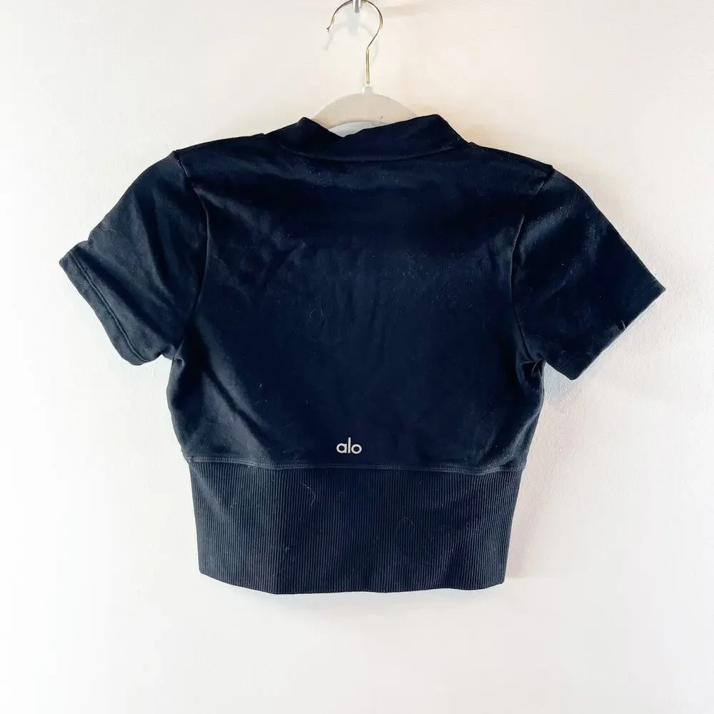 Alo Seamless Winter Warm Plush Cropped Short Sleeve Top Black XS